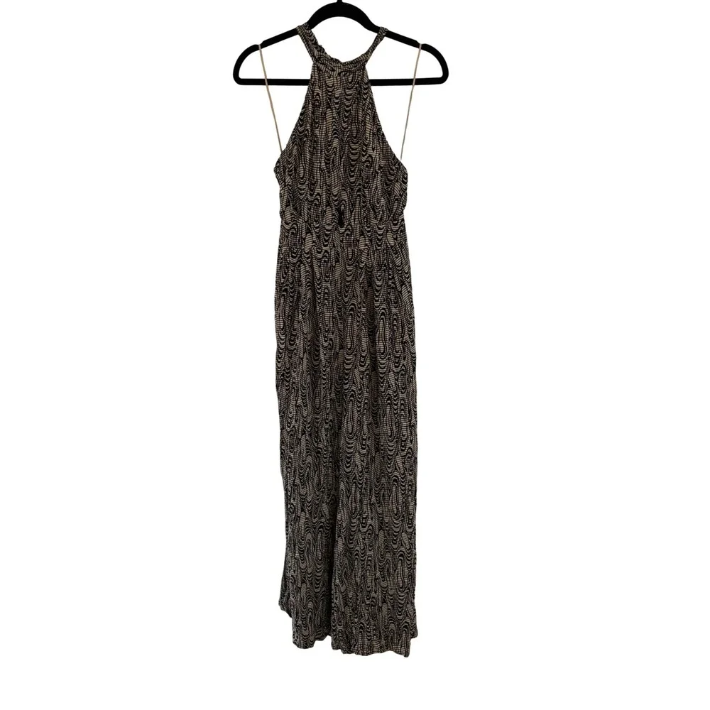 Free People Black Tan Abstract Print Halter Wide Leg Jumpsuit Open Back XS